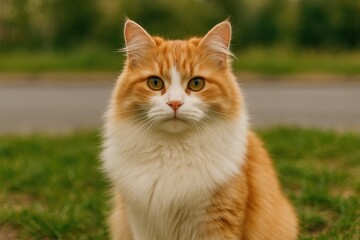 A stunning and plush feline strolling along the roadway