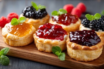 Delicious homemade mini tarts with cream and fresh fruit garnishing a wooden board