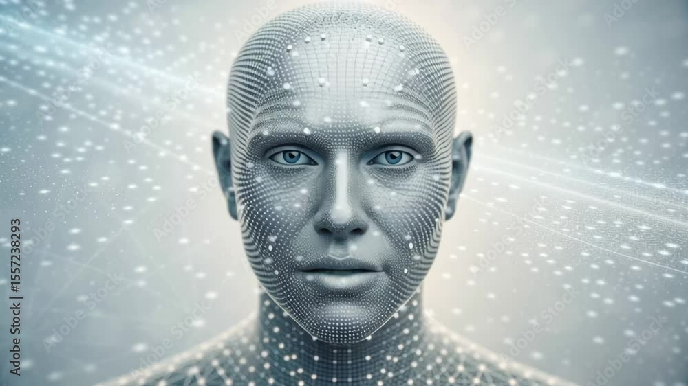 Poster futuristic digital human face design showcasing quantum computing and ai development intersection