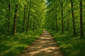 A forest trail nestled among vibrant green trees