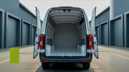 A spacious white cargo van with open rear doors sits in a clean industrial bay, revealing an empty, well-lit metal interior