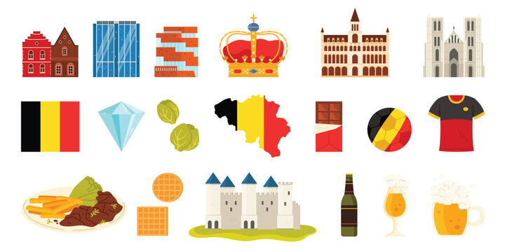 Travel to Belgium, culture elements, food and drink, architecture landmarks set. Belgian flag and map, medieval castle and cathedral, Atomium structure in Brussels cartoon vector illustration