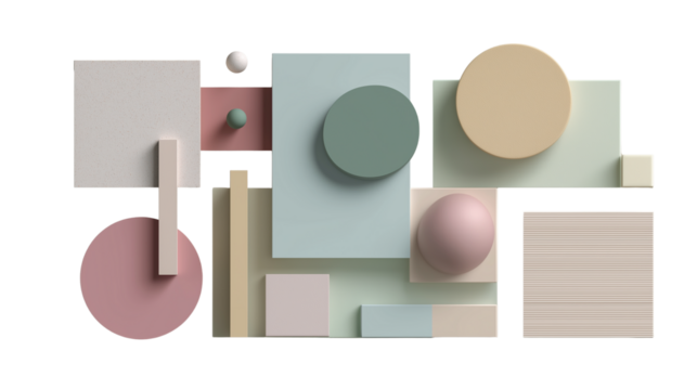Set of abstract geometric shapes in pastel colors for home decor, flat lay, soft lighting, PNG
