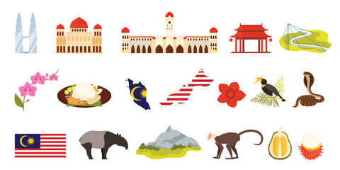 Travel to Malaysia, Malaysian tour with landmarks and famous culture emblems, Kuala Lumpur city architecture and mountain landscape, Langkawi Sky Bridge and Nasi Lemak cartoon vector illustration