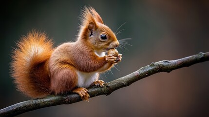 Obraz premium Red squirrel eating nut on branch