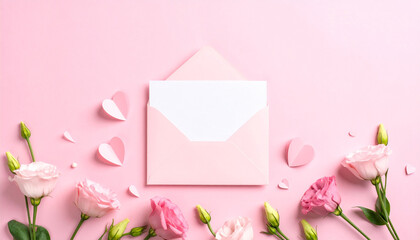Valentine's Day background with pink flowers, hearts, and envelope on pastel pink backdrop