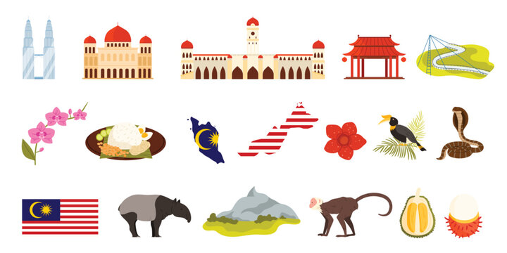 Travel to Malaysia, Malaysian tour with landmarks and famous culture emblems, Kuala Lumpur city architecture and mountain landscape, Langkawi Sky Bridge and Nasi Lemak cartoon vector illustration