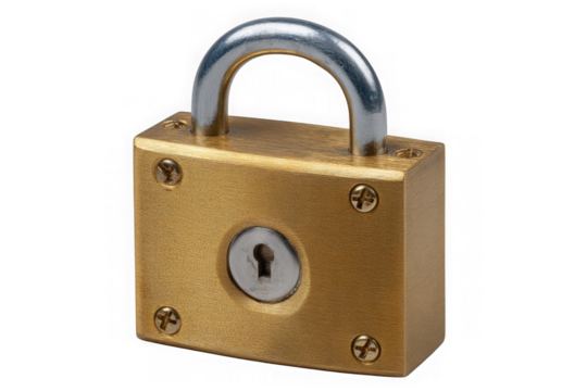 A sturdy brass padlock with a silver shackle and keyhole is isolated on a clean white background symbolizing security and protection