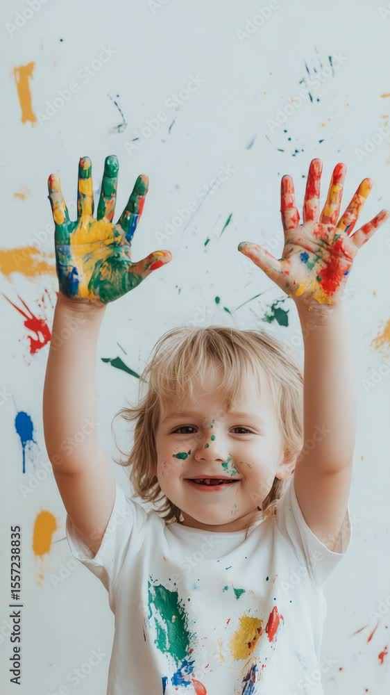 Aufkleber Smiling child proudly displaying colorful, painted hands after enjoying a fun painting session in art class, capturing the essence of early learning and the excitement of back to school