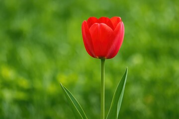 Obraz premium A vibrant red tulip in a lush garden setting
