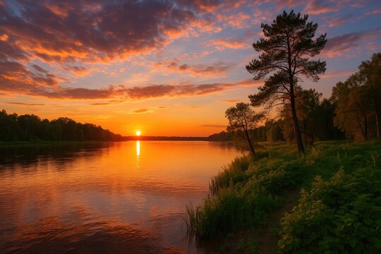 A vast river flowing beside lush greenery at sunset
