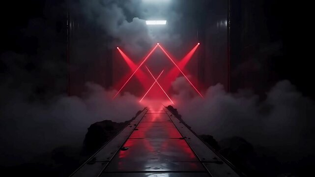 Illuminated pathway glows with vibrant red lasers amidst fog and metallic structure in a dark futuristic space.