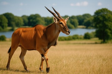 A common eland strolling through a grassy plain under the daylight