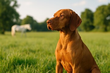 Elegant male Vizsla capturing a stunning moment in bright lighting