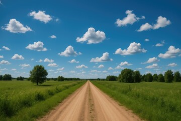 Fototapeta premium A stunning azure sky over a rural dirt path in a countryside setting