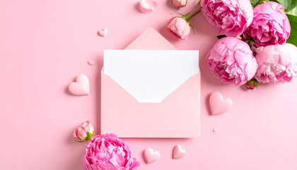 Valentine's Day background with pink flowers, hearts, and envelope on pastel pink backdrop