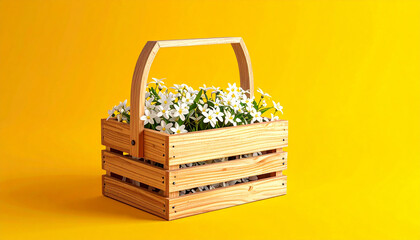 White Flowers in Wooden Basket on Yellow Spring Background – 3D Floral Decoration Rendering

