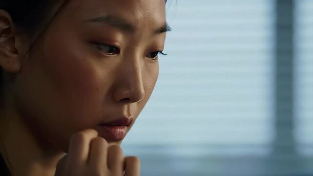 Thoughtful Asian Female Adult Close-Up Contemplating Indoors Near Window                               