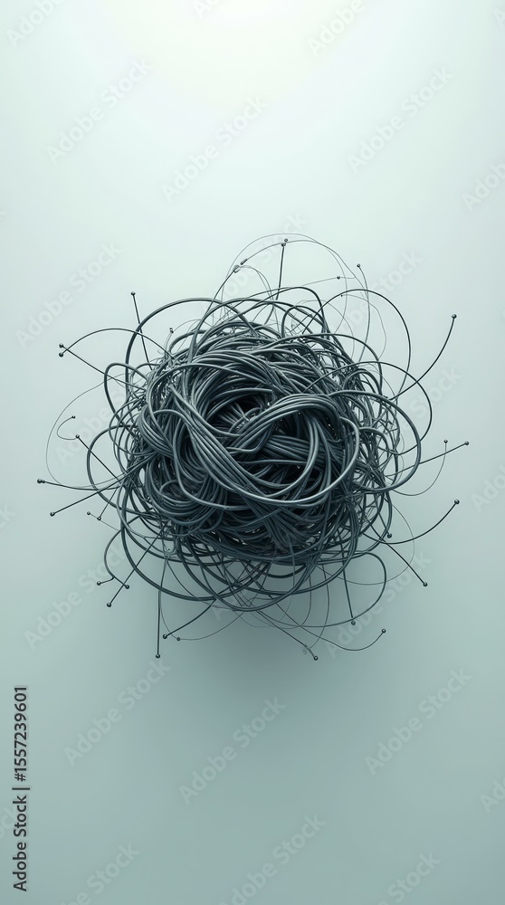Poster network failure concept — vertical tech background with knot of wires and clean space