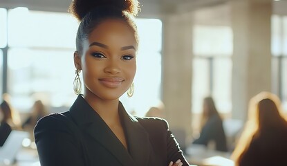 A confident female executive stands with folded arms in a modern office, surrounded by diverse team members and a sleek boardroom table, embodying leadership and authority.