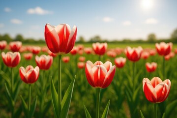 Obraz premium Close-up of vibrant red and white tulips in a blooming field