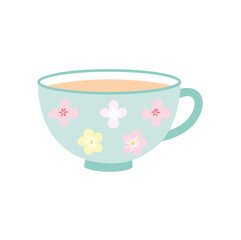 A delicate floral teacup filled with warm tea