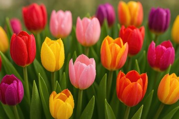 Fototapeta premium Vibrant Springtime Tulip Arrangement with Dew Drops