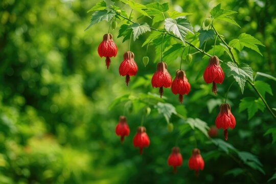 Red-flowered Abutilon showcased in a vibrant garden setting