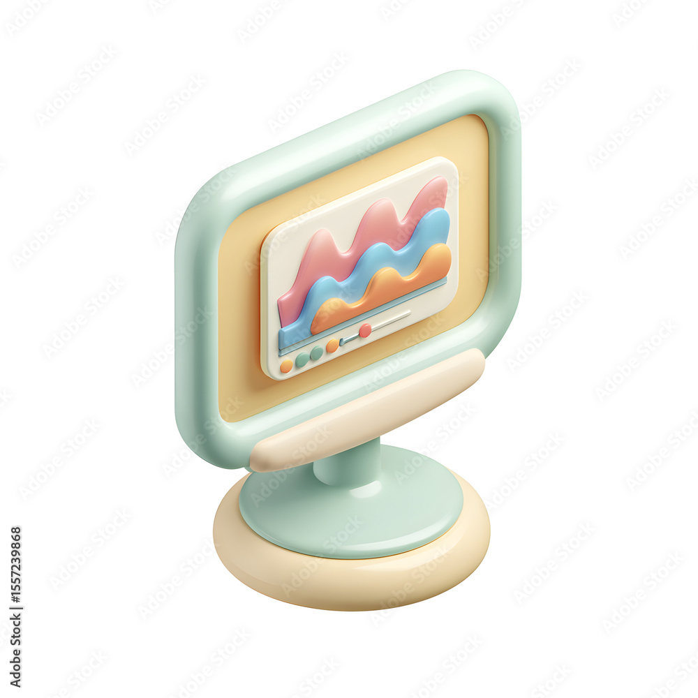 Poster 3d rendering of a computer monitor displaying a colorful graph, isolated on a white background.