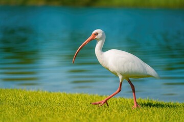 A white ibis resting by the lakeside