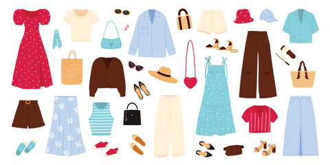 Fashion casual women clothes set. Red and blue summer dresses, floral skirt and tank top with stripes, woven bag and cardigan, comfortable style apparel collection cartoon vector illustration