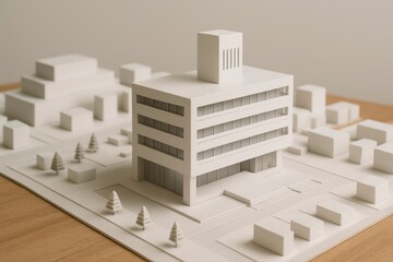 Architectural model featuring a building and miniature town landscape
