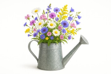Fototapeta premium Colorful wildflowers arranged in a watering can on a white background