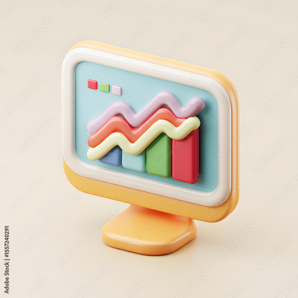 Poster colorful 3d rendered computer monitor displaying an upward trending graph.