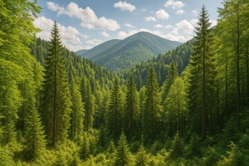 Obraz premium Lush woodland nestled among scenic mountain ranges