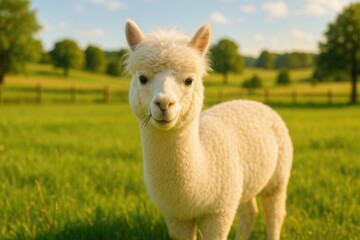 Stunning alpaca peacefully feeding in rural landscape
