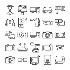 Collection of Modern Technology and Electronic Devices in Black and White Line Art