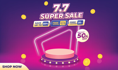 7.7 Super Sale Neon Stage Web Banner
