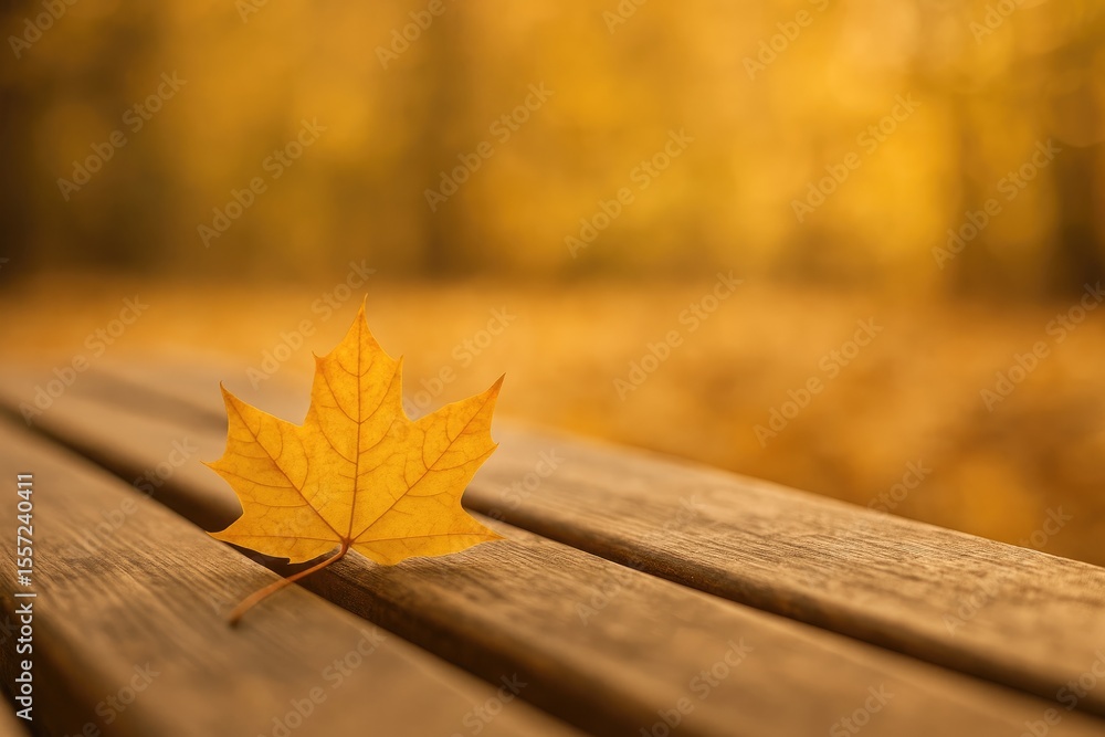 Poster a single yellow dried leaf rests on a bench with an autumn-themed blurred background and bokeh effec