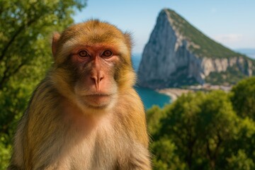 Naklejka premium Wild Barbary macaque perched on a rocky outcrop