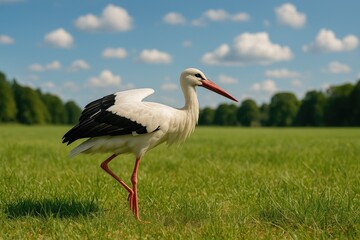 A stork takes flight from a field into the sky
