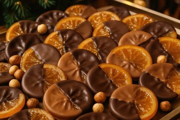 Fototapeta premium Festive holiday sweets featuring candied orange segments coated in rich chocolate, perfect for winter celebrations