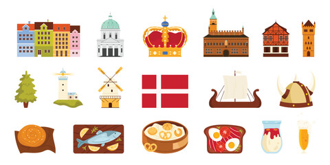 Obraz premium Travel to Denmark set, culture elements and architecture, national flag. traditional houses and castle of Copenhagen cityscape, food and lighthouse, viking helmet and boat cartoon vector illustration