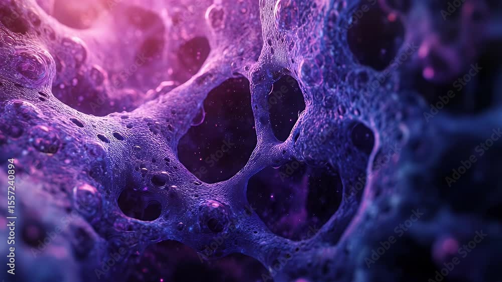 Poster abstract close-up view of a network of intricate, purple and blue, textured structures resembling ce