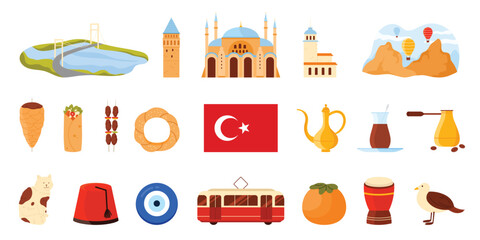 Naklejka premium Travel to Turkey set, Turkish culture elements and food, flag, nature and architecture landmark. Galata Tower Museum and Blue Mosque, Bosphorus Bridge, Cappadocia landscape cartoon vector illustration