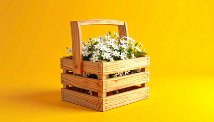 White Flowers in Wooden Basket on Yellow Spring Background – 3D Floral Decoration Rendering


