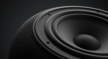 Closeup of black speaker with textured surface and round design  