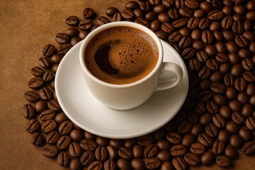Fototapeta premium A mug of coffee with beans and frothy Turkish-style brew