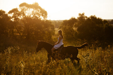 Woman in a summer dress rides a horse in a field on a summer evening.