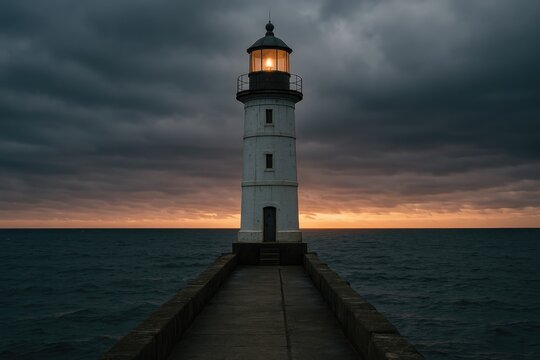 A tall lighthouse standing on a pier under a moody sky in a vertical perspective